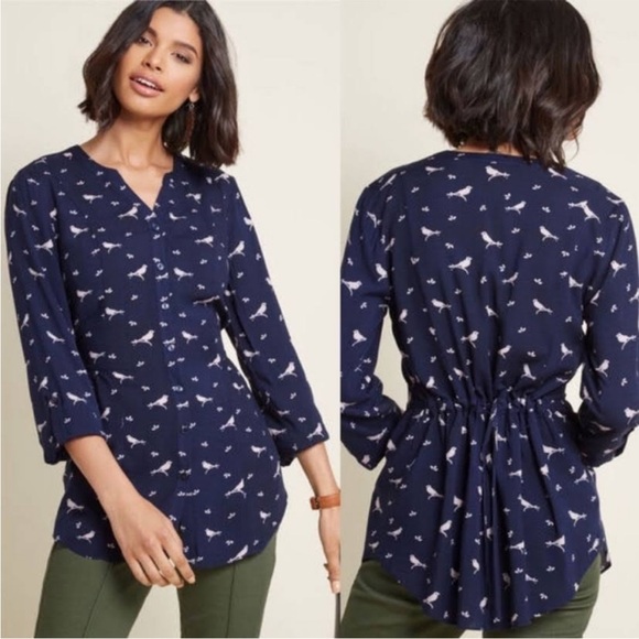 STYLISH BOHO MODCLOTH NAVY‎ BLOUSE TOP W/ WHITE BIRD PATTERN PLUS SIZE - Picture 1 of 12